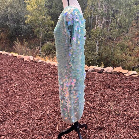 Vintage Norma Kamali dress sequined sequin teal Turquoise mermaid sz L paillete - Picture 6 of 17